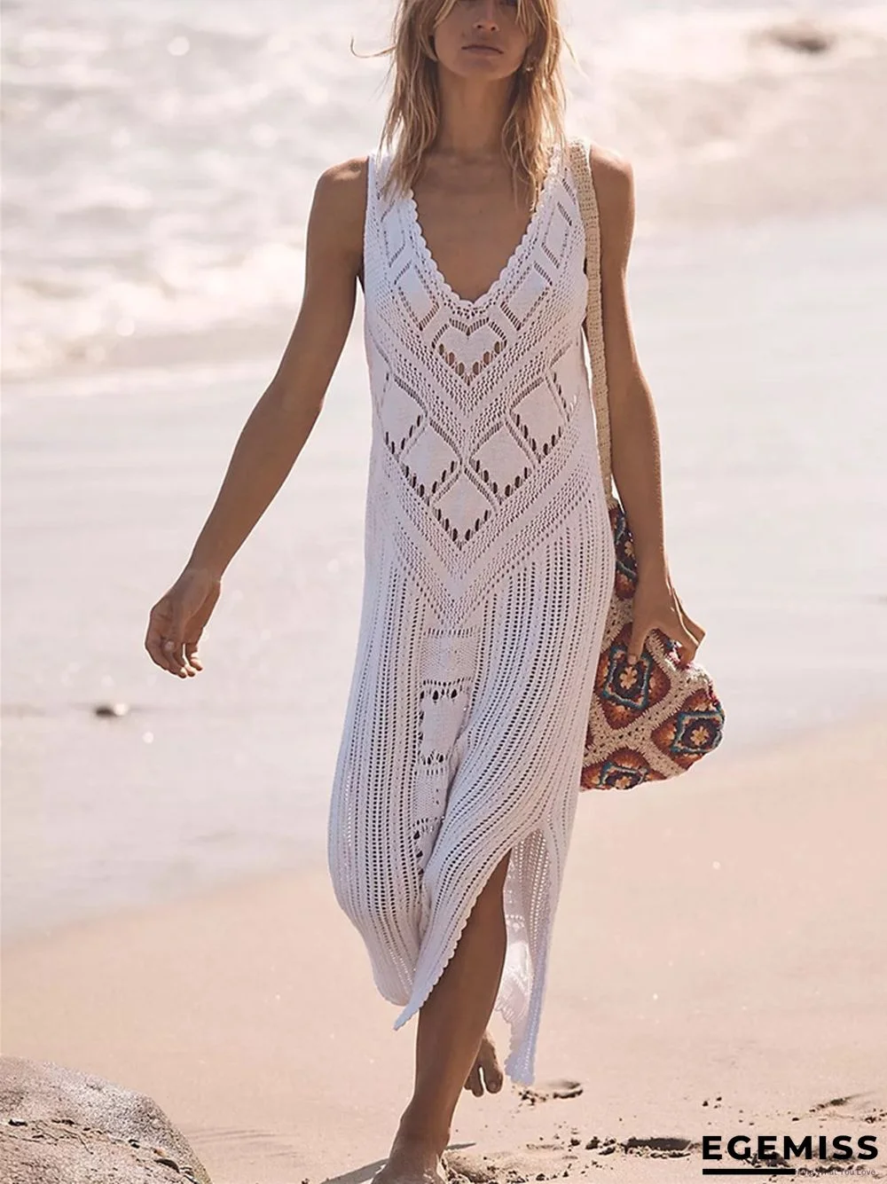 Knitted Hollow Sleeveless Long Skirt Holiday Casual Beach Blouse | EGEMISS