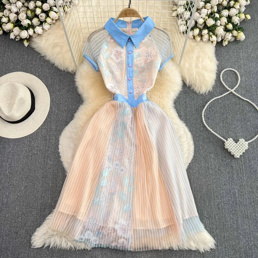 Huiketi Embroidery Floral Striped Dress Women Polo Neck Short Sleeve Casual Sweet Kawaii Dress Sexy Club Party Dresses 2024