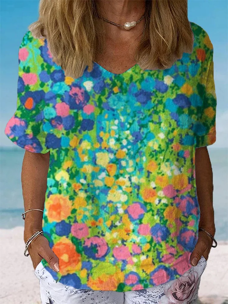 Women's Floral Art Print Casual Cotton And Linen Shirt