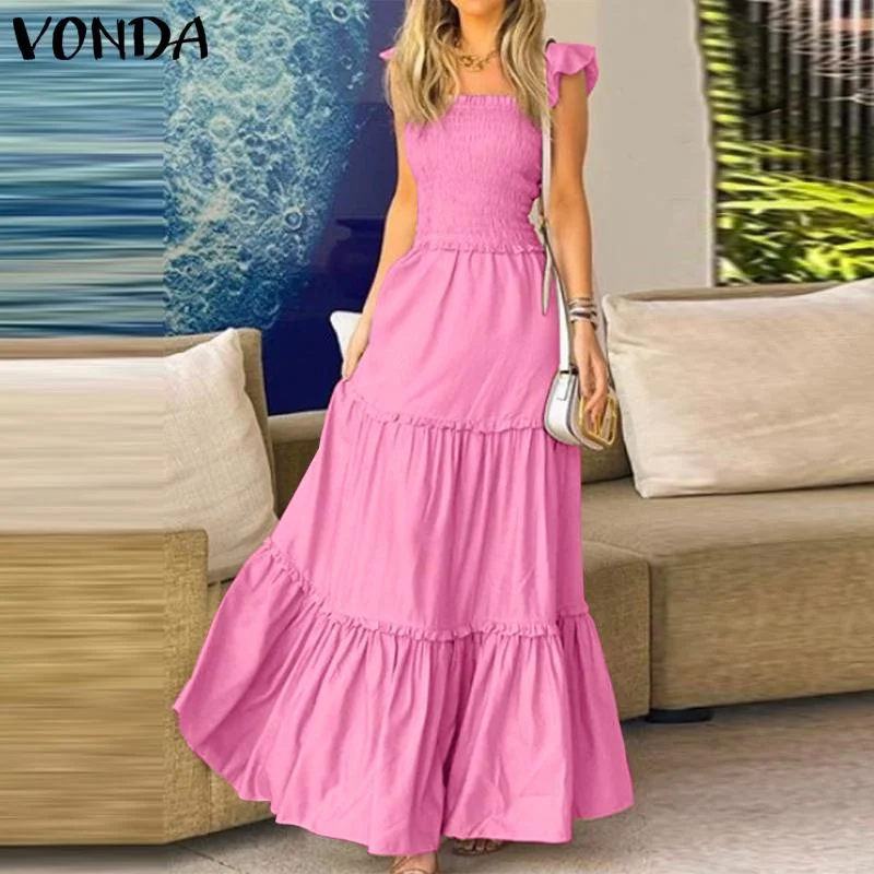 Women Ruffled Dress Summer Party Long Maxi Dresses 2022 VONDA Casual Solid Color Sleeveless Lace Pleated Vestido  S-