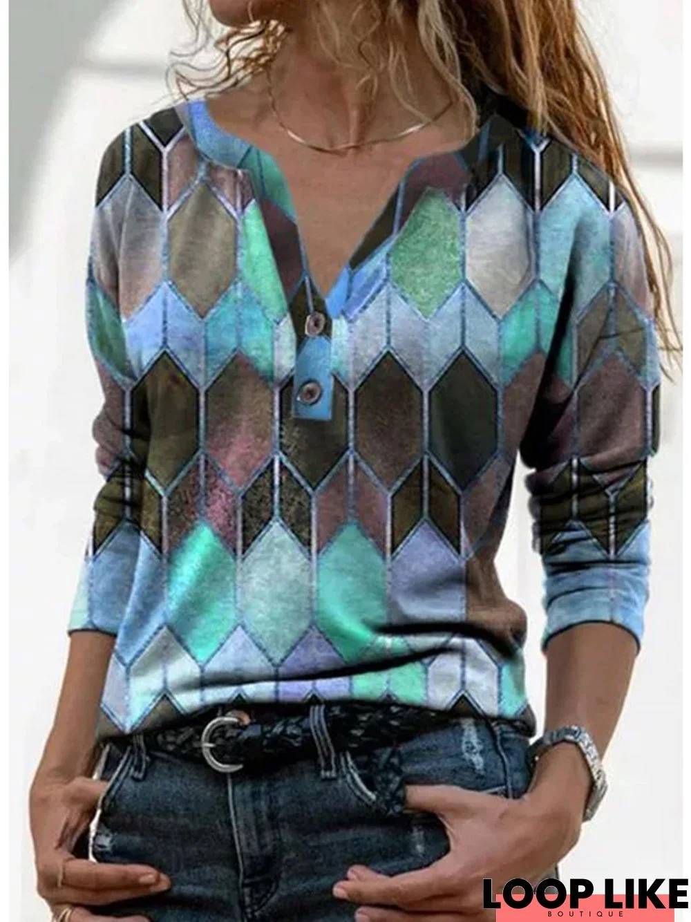 Casual Crew Neck Geometric Long Sleeve Sweatshirt