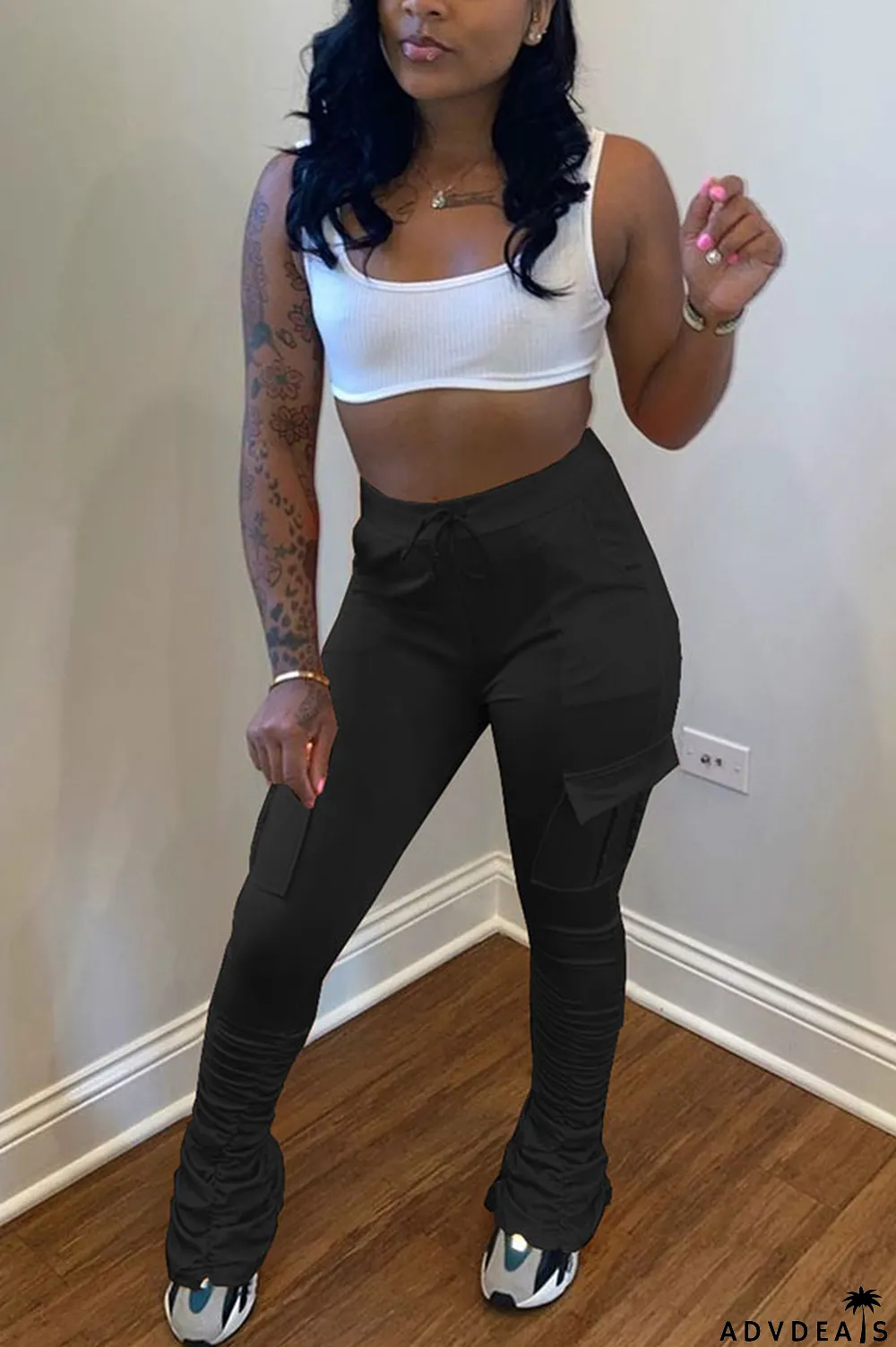 Orange Drawstring High Solid Pocket Draped Boot Cut Pants Bottoms