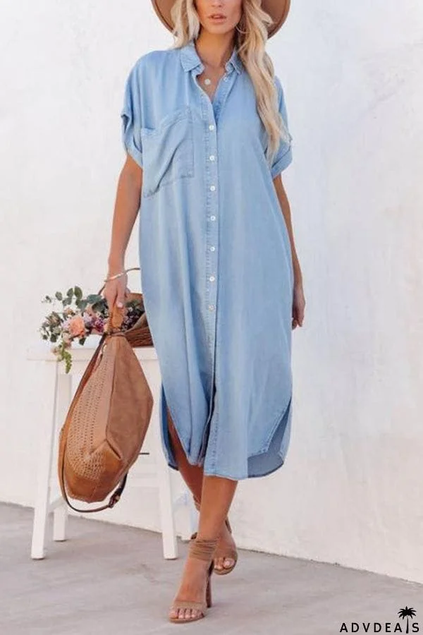 Fashion Solid Color Denim Short Sleeve Long Slit Shirt Dress