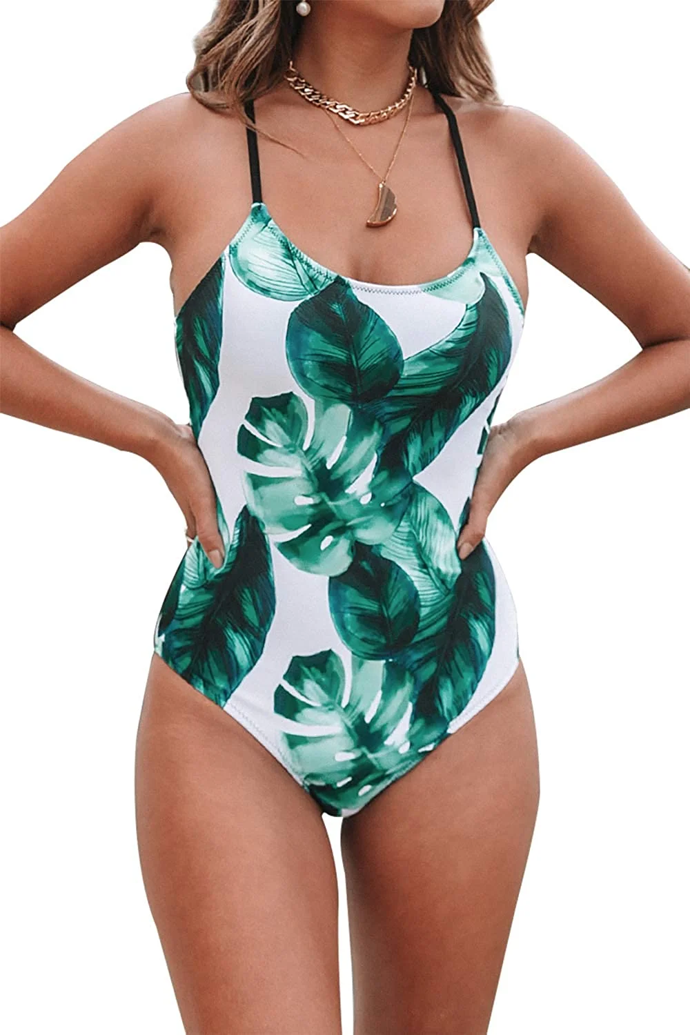 Women's Tropical Leaf Print Lined Lace Up Back Padded One Piece Swimsuit