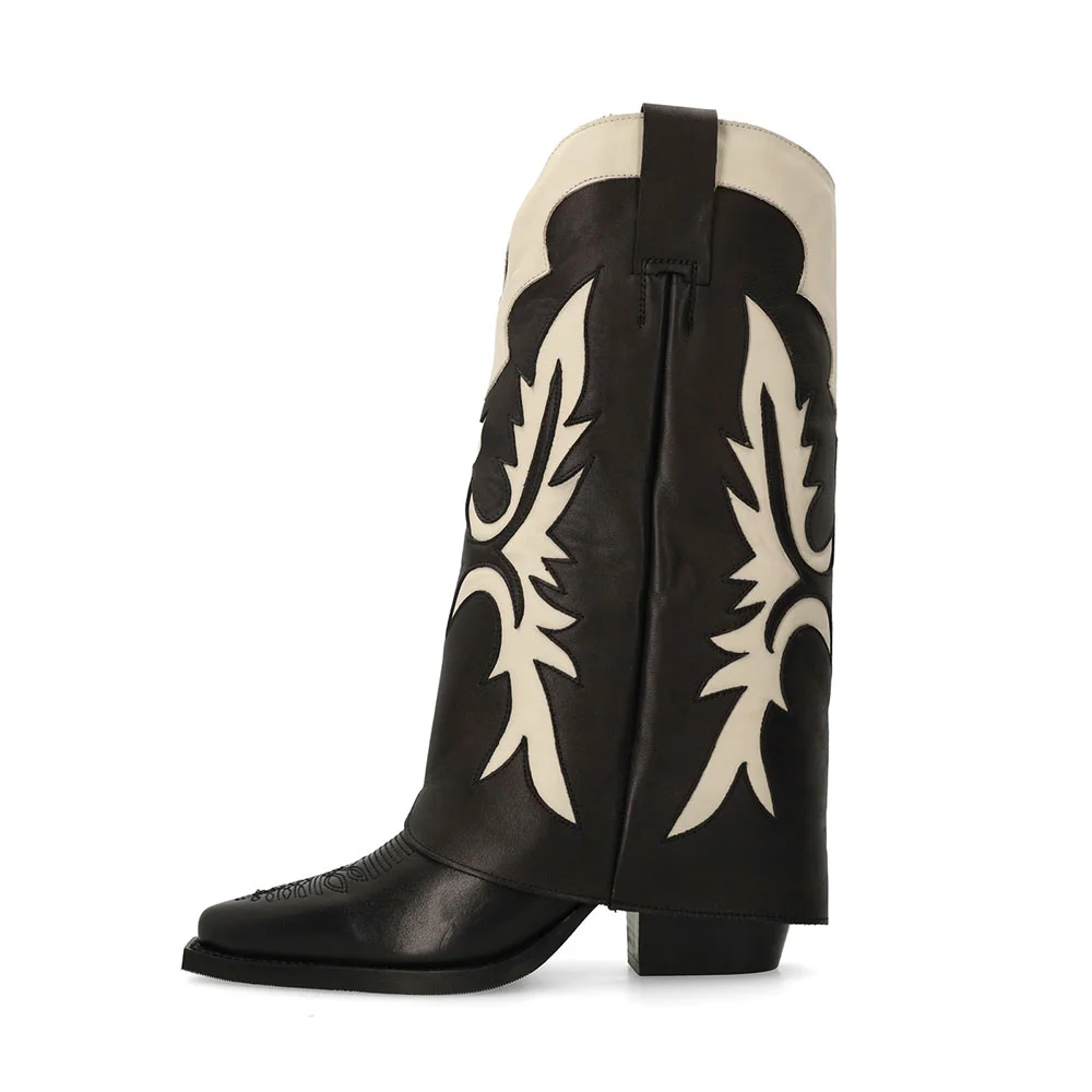 Black & Ivory Patchwork Inlay Fold Over Mid Calf Cowgirl Boots