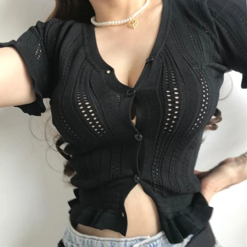 European korea Knitted Short sleeve Shirt Female Fashion Hollow Lace Top French Girl  Low Chest V-neck Blouse shirt R4LY