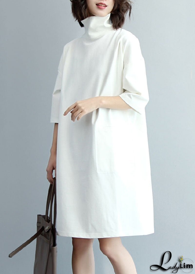 Beautiful White Turtle Neck Cotton Maxi Dresses Half Sleeve