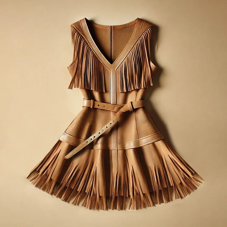 Ursime Suede V Neck Sleeveless Fringe Belt Mini Dress