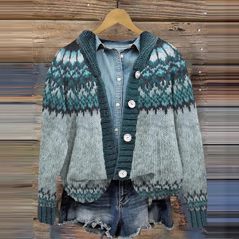 Vintage Fairman Island Print Crew Neck Long Sleeve Sweater Cardigan