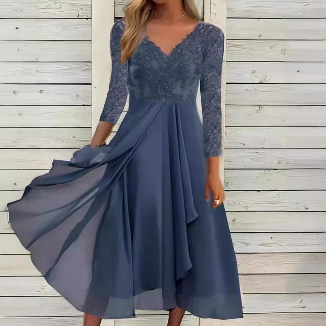 Brownm Brownm And Winter Long-Sleeved Chiffon Dress Splicing V-Neck Lace Hollow-Out Bridesmaid Evening Dress