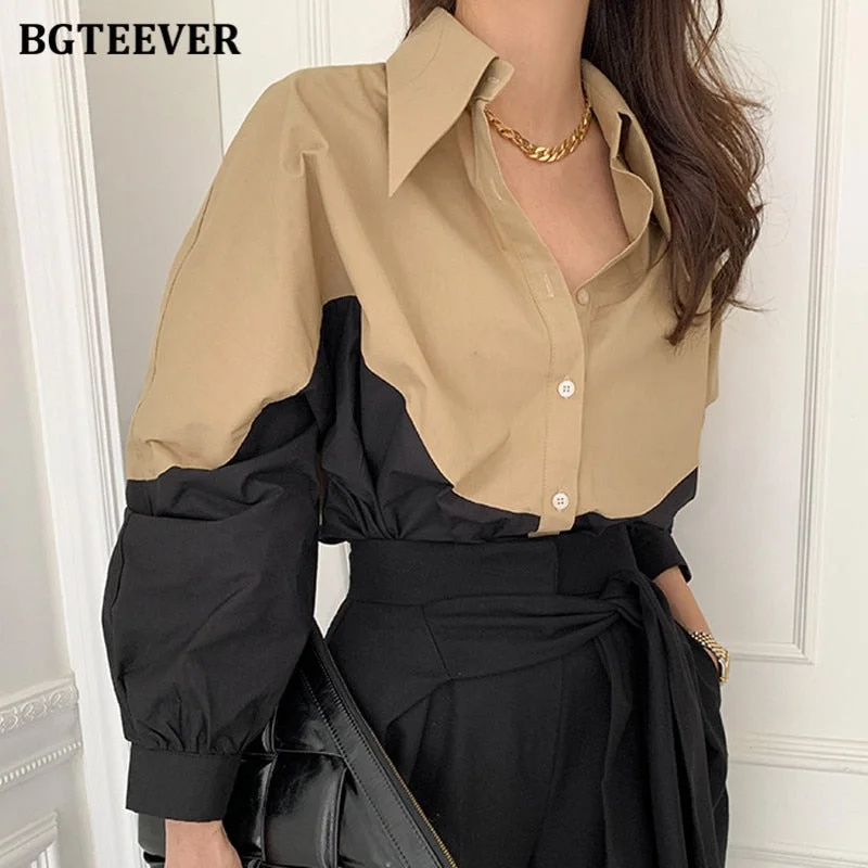 BGTEEVER Chic Turn-down Collar Women Patchwork Shirts Blouse Stylish Single-breasted Loose Female Shirts 2021 Spring Blusas