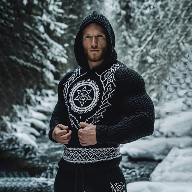 Men's Viking Tribal Jacquard Celtic Inspired Chunky Knit Hooded Sweater