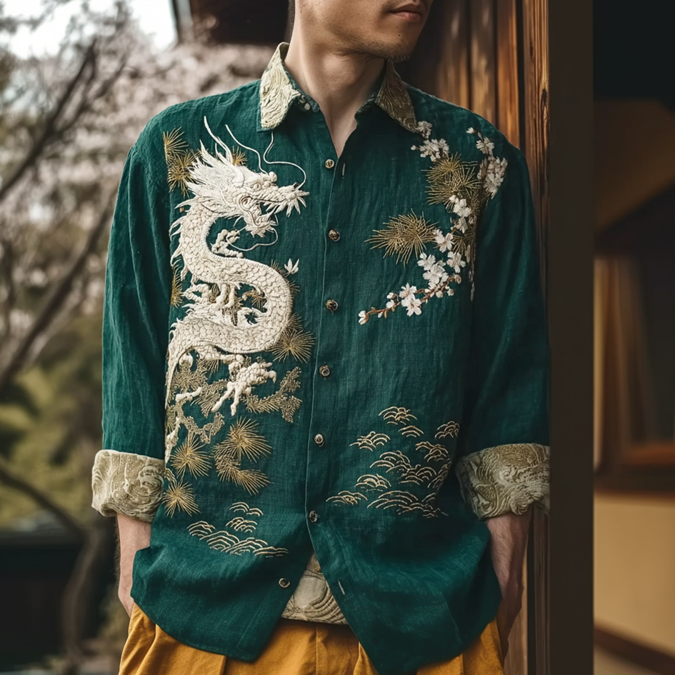 Japanese Art Retro Pattern Clash Color Design Men's Casual Linen Shirt elevenforest