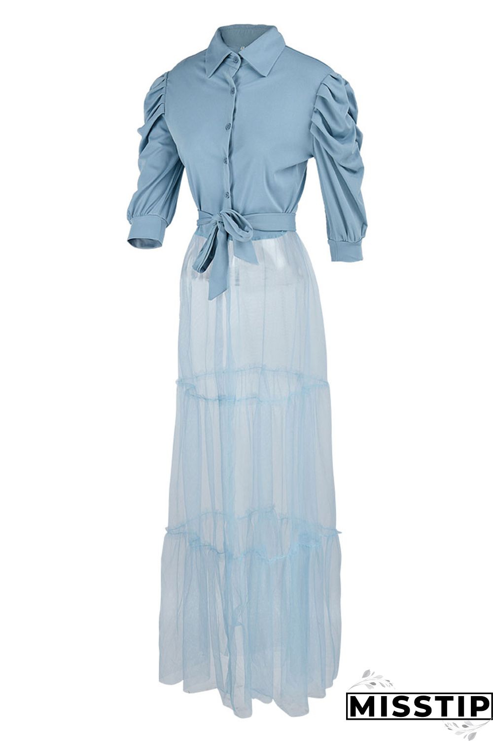 Yellow Fashion Casual Solid Patchwork Mesh Turndown Collar Shirt Dress