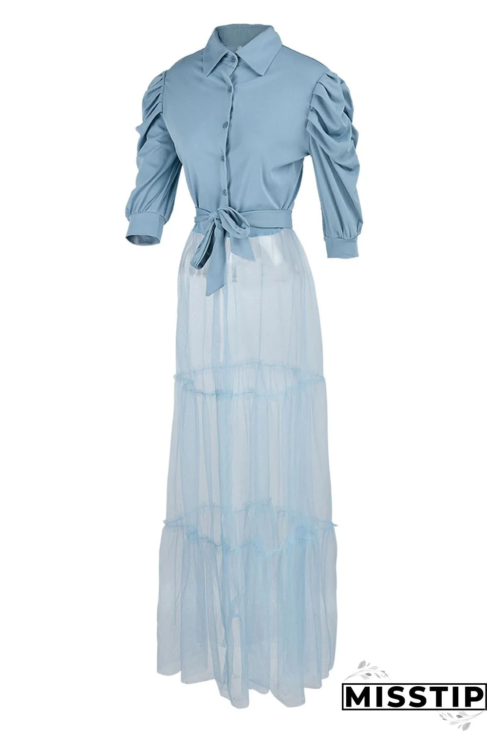 Yellow Fashion Casual Solid Patchwork Mesh Turndown Collar Shirt Dress