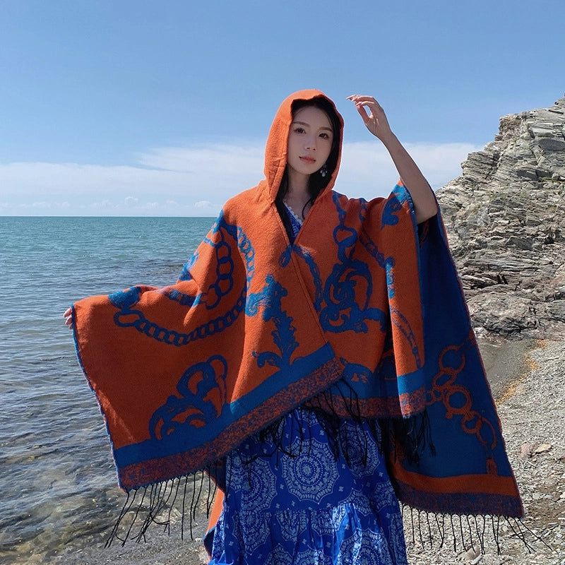 Ethnic Style Hooded Shawl Cloak Lijiang Xinjiang Tibet Northwest Tourism Wear Photograph Warm Outer Cape