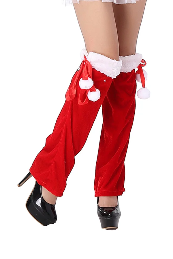 Lace Up Pom Pom Christmas Leg Warmers Red-elleschic