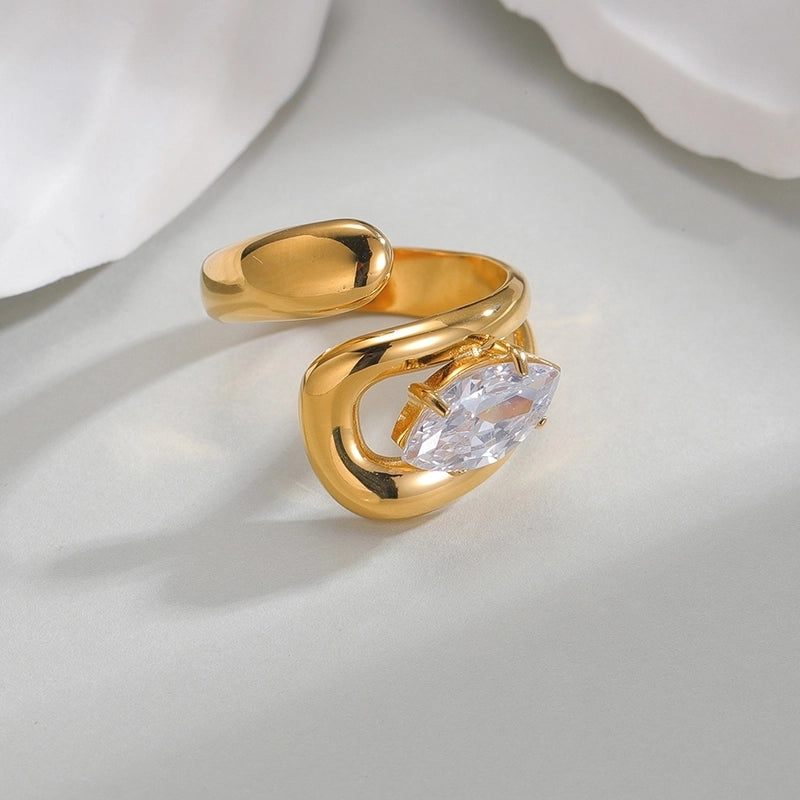 Classic Style Geometric Oval 304 Stainless Steel Zircon 18K Gold Plated Plating Inlay Open Rings