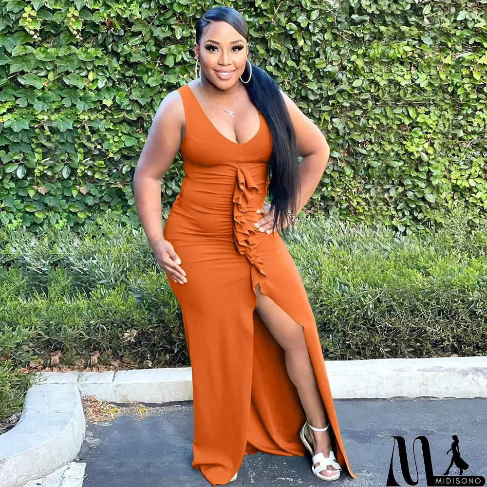 MidiSono - Solid Sleeveless V Neck Ruffled Split Maxi Dress