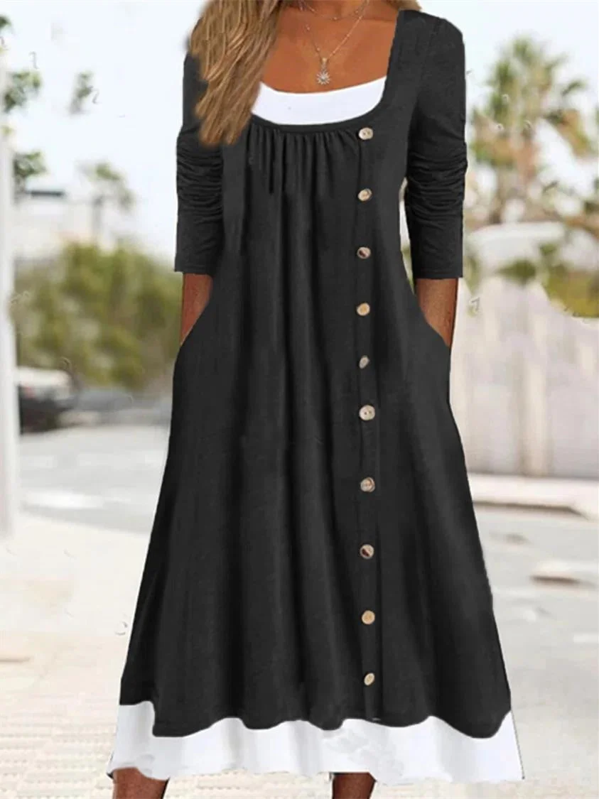 Women plus size clothing Women's Long Sleeve U-neck Solid Color Buttons Midi Dress-Nordswear