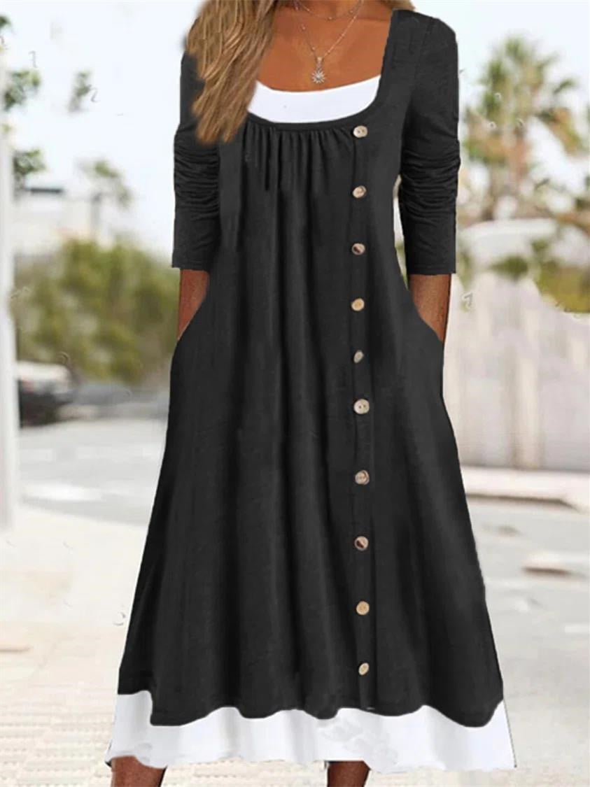 Women's Long Sleeve U-neck Solid Color Buttons Midi Dress