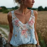 Bohemian Retro Pink Floral Pattern Women's Sleeveless Thin Shoulder Strap Vest - Image 6