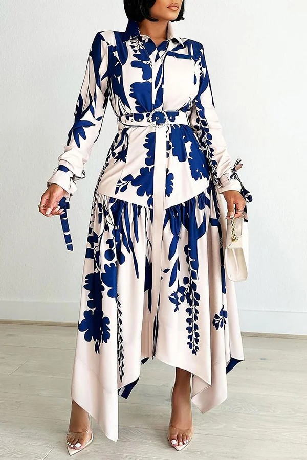 Elegant Printed Irregular Lapel Maxi Dress