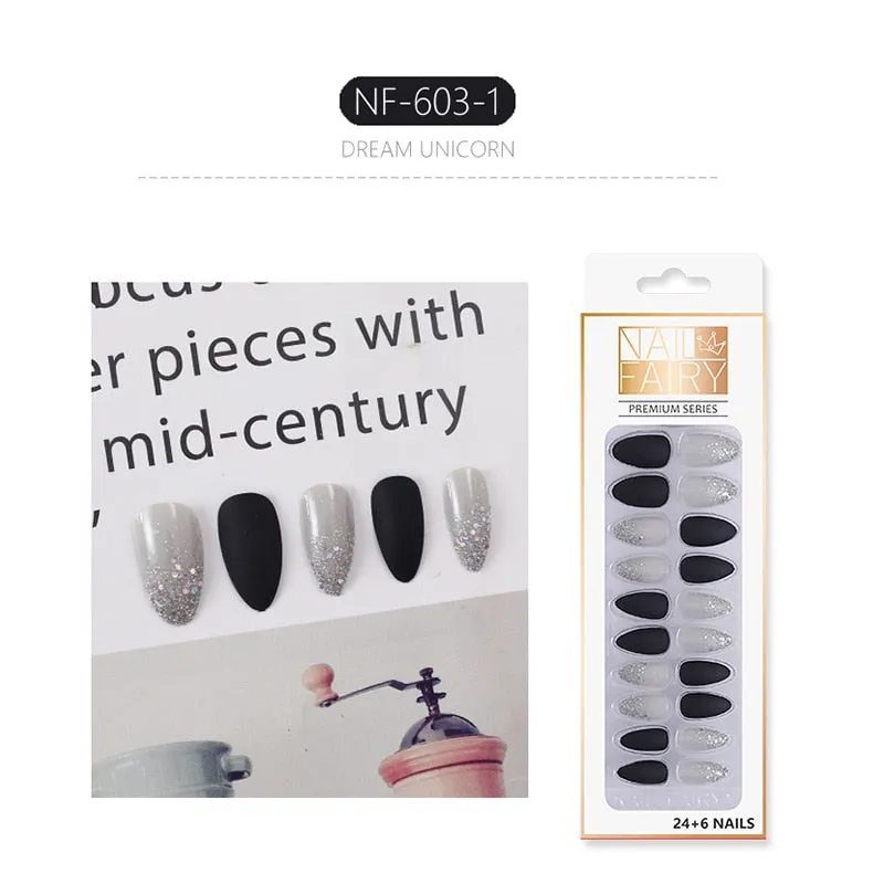 Fake Nails with Glue Metal Color False Nail Art Tips Press on Coffin Stick Designs Clear Set Full Cover Artificial Short Kiss-Nail Inspo