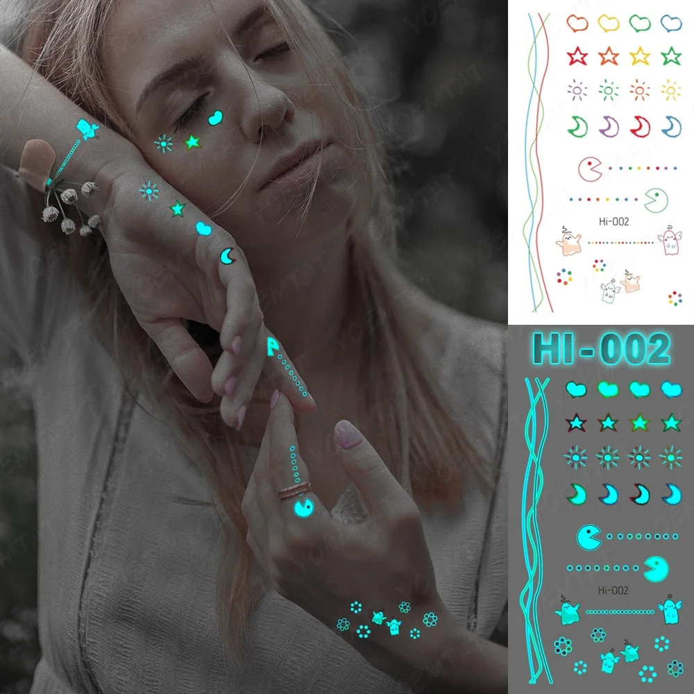 Blue Luminous Glow Tattoo Sticker Mountain Moon Waterproof Temporary Tatoo Nature Forest Sea Fake Tatto For Body Art Women Men