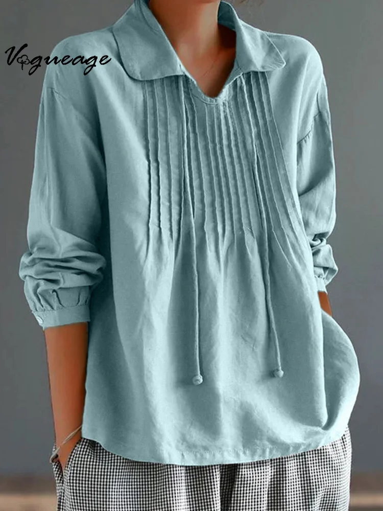 Pleated Lapel Loose Long Sleeve Cotton and Linen Women's Shirt