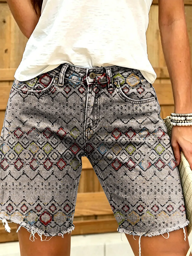 Women's Vintage Ethnic-print Artistic-print Denim Shorts