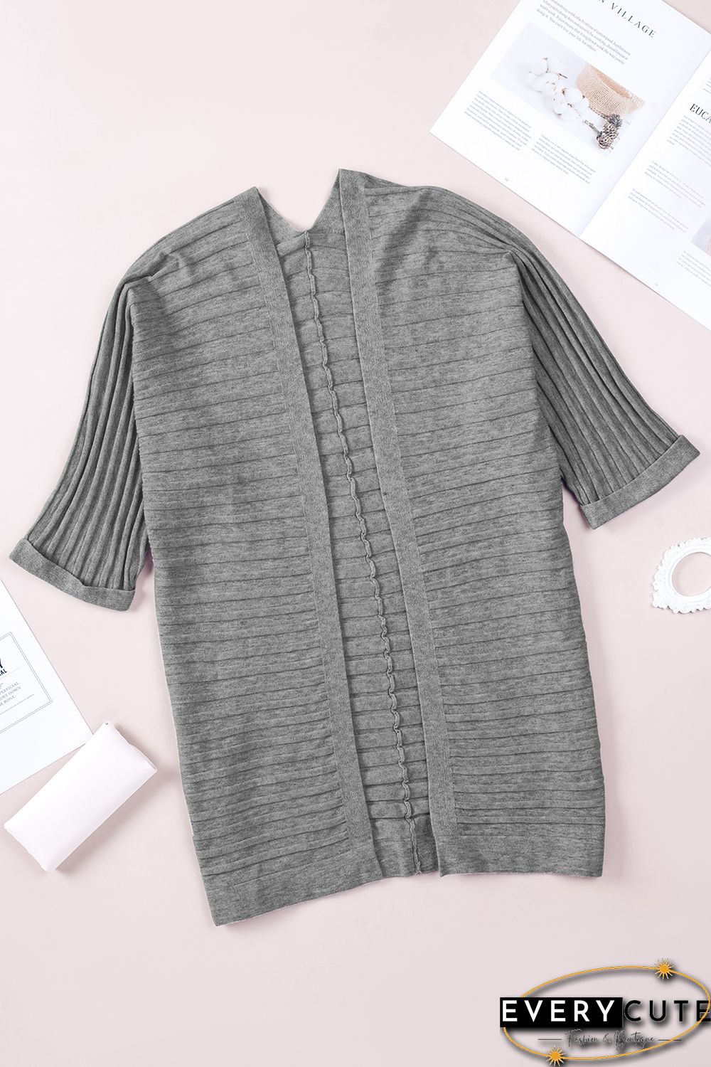 Grey Ribbed Open Front Knit Cardigan