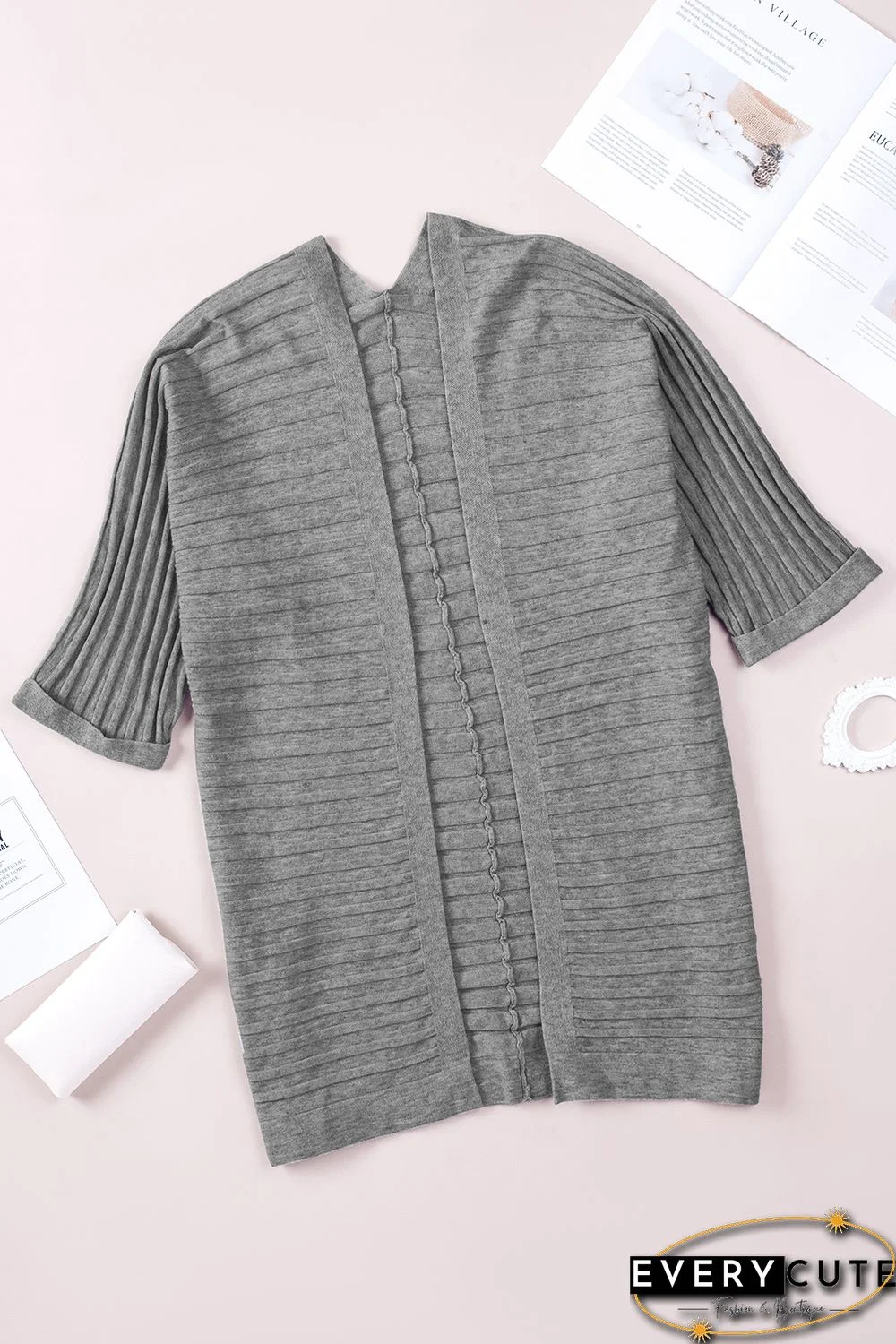 Grey Ribbed Open Front Knit Cardigan