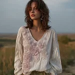 Bohemian Style Pink Floral Design V-neck Long-sleeve Top - Image 2