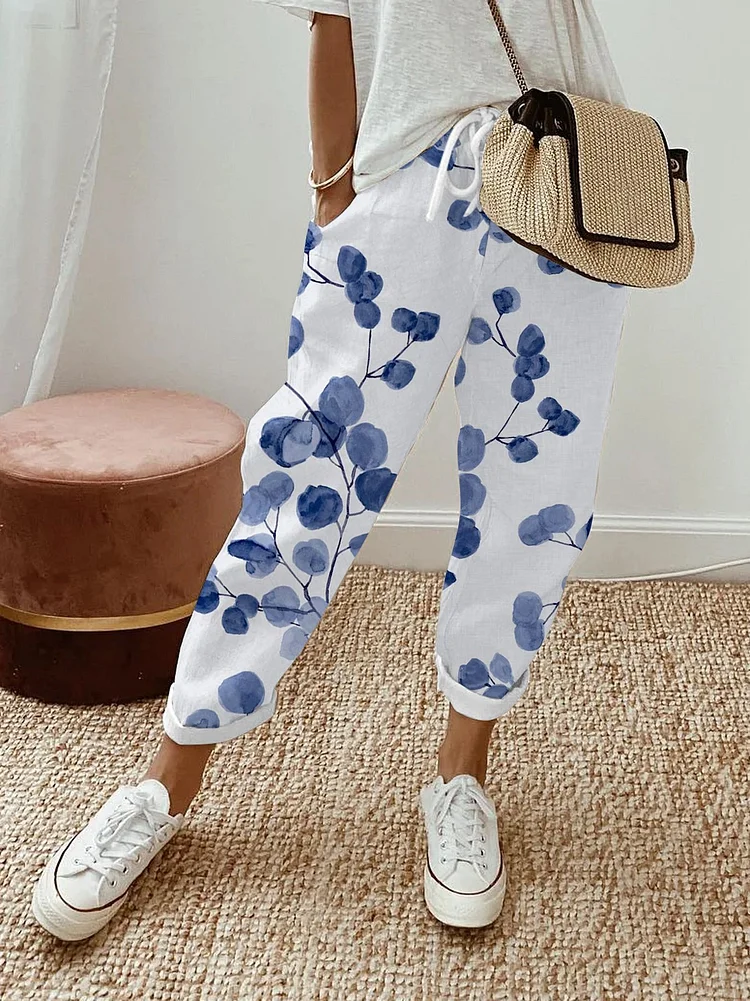Women's Botanical Floral Design Print Lace-Up With Elastic Waist Loose Casual Pants