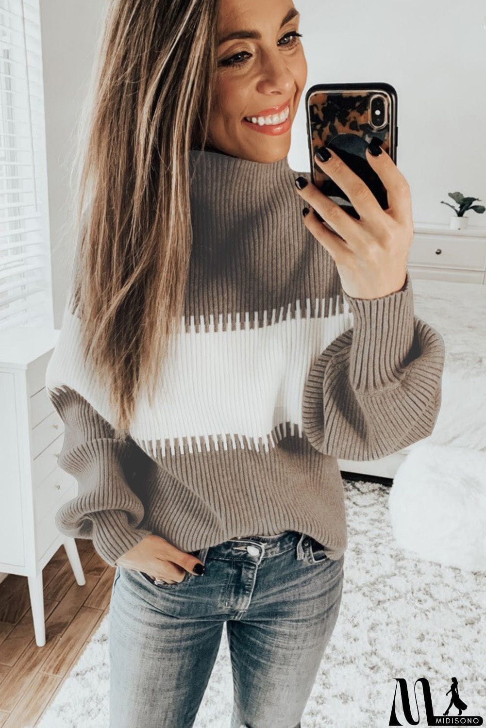 MidiSono - Color Block High Neck Pullover Sweater