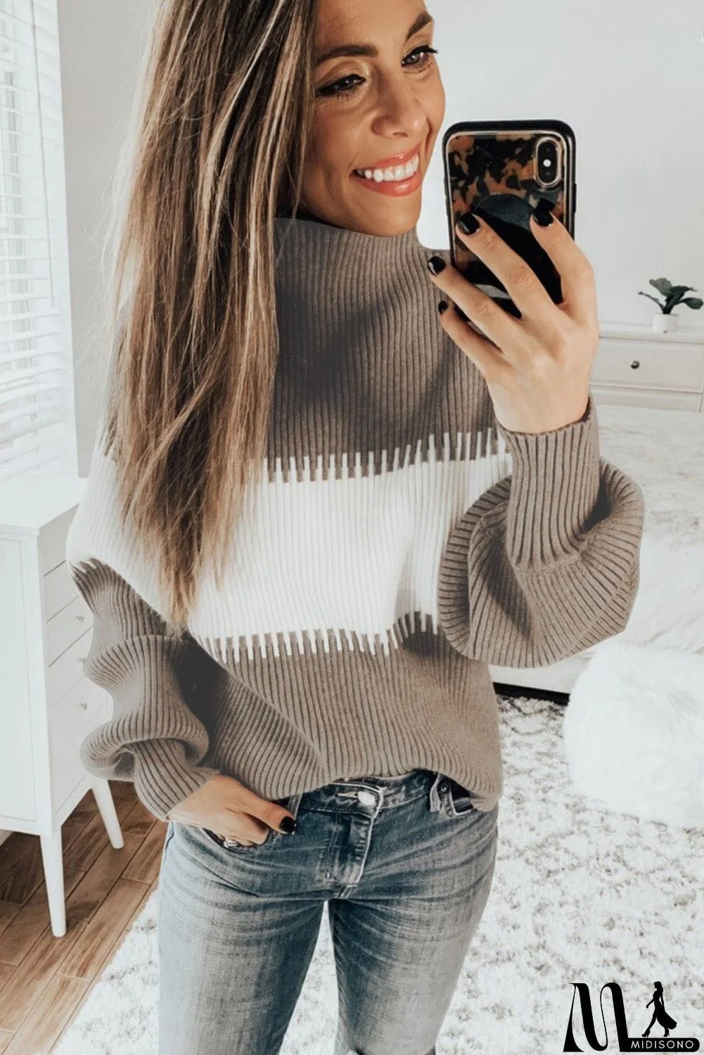 MidiSono - Color Block High Neck Pullover Sweater