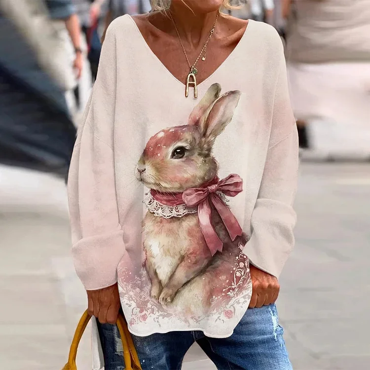 VChics Women's Easter Cute Bunny Print V-Neck T-shirt