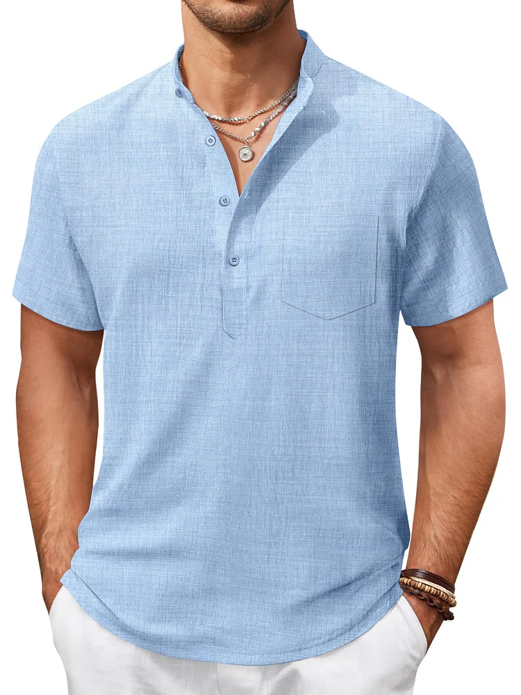 Men's Hawaiian Stand Collar Button Pocket Short Sleeve Shirt