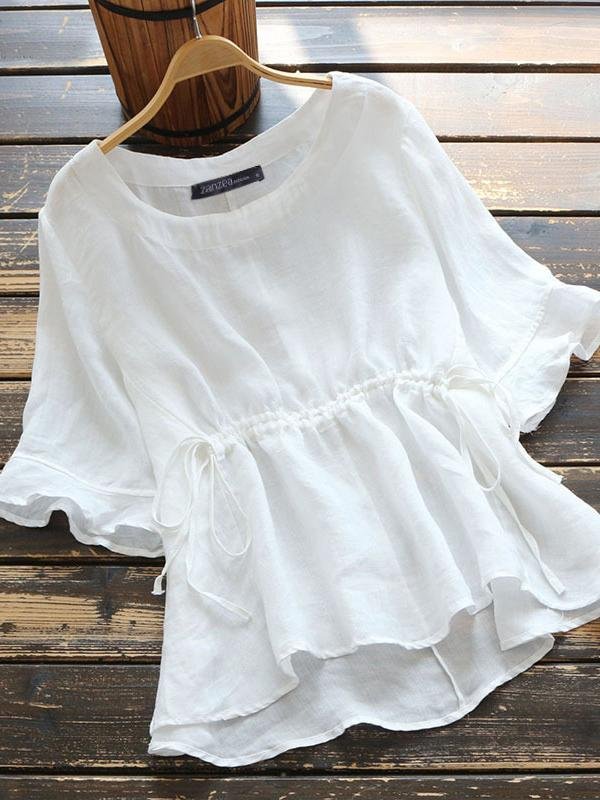 Women's Cotton And Linen Ruffled Sleeves Slim-fit Dreamy Top