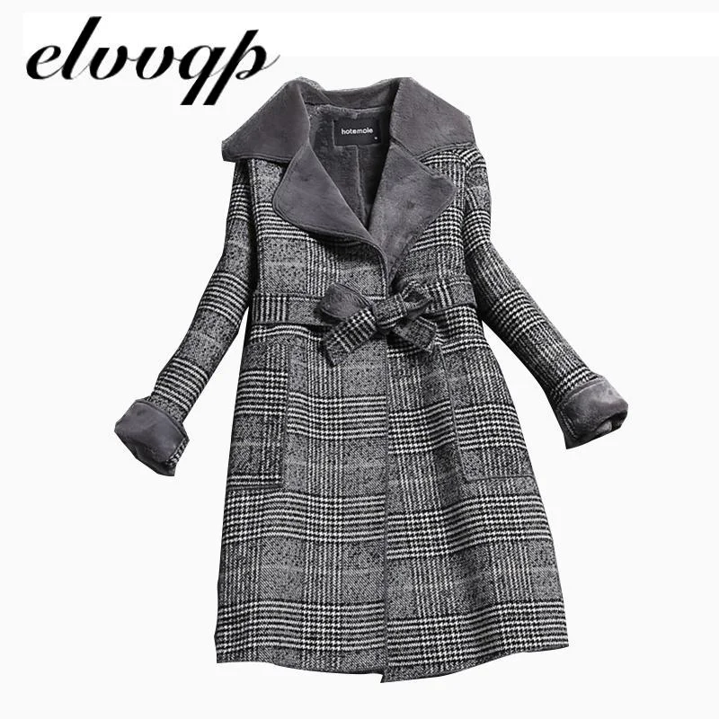 Woolen Coat Women 2020 New Winter Long Thick Plus Velvet Warm Fur Jackets Elegant Pocket Plaid Belt Ladies Coats high Quality