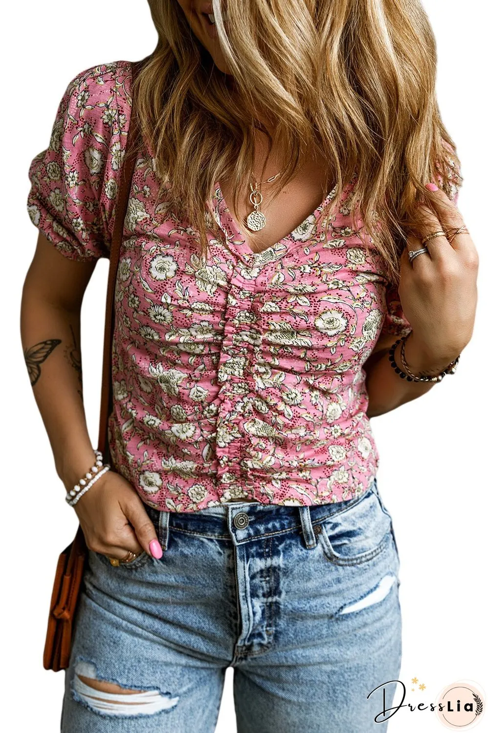Floral Short V Neck Ruched Blouse
