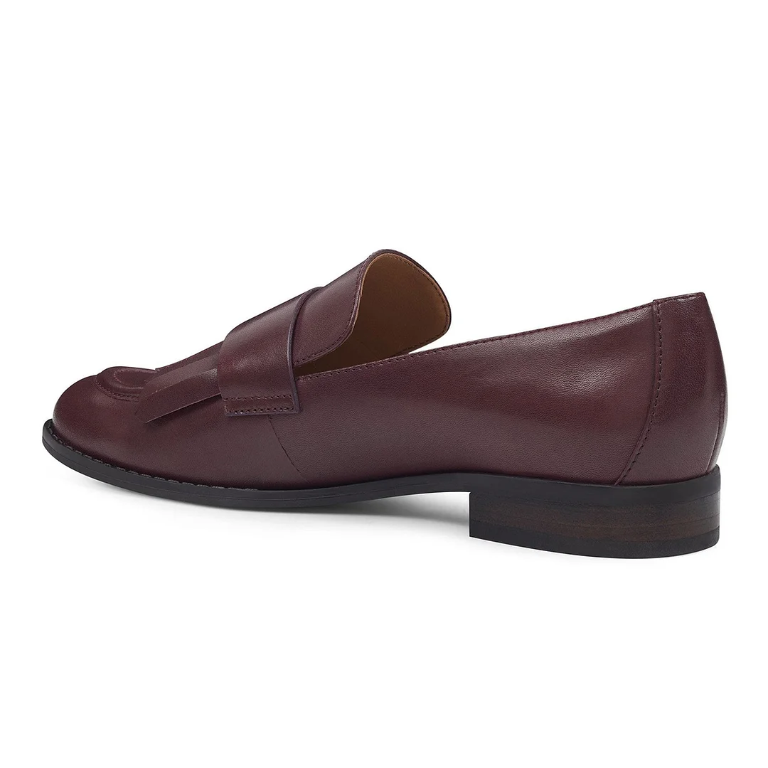 Brown Vegan Leather Round Toe Fringe Flat Formal Womens Loafers