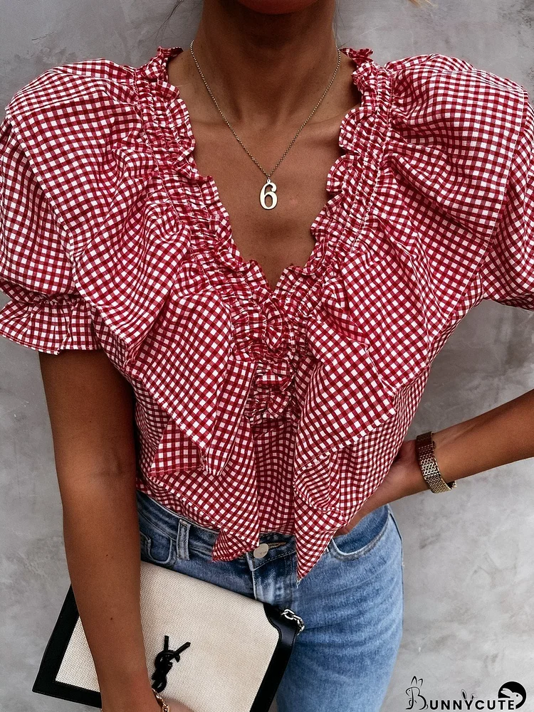 Plaid Short Sleeve V-Neck Lotus Leaf Blouses - Layered