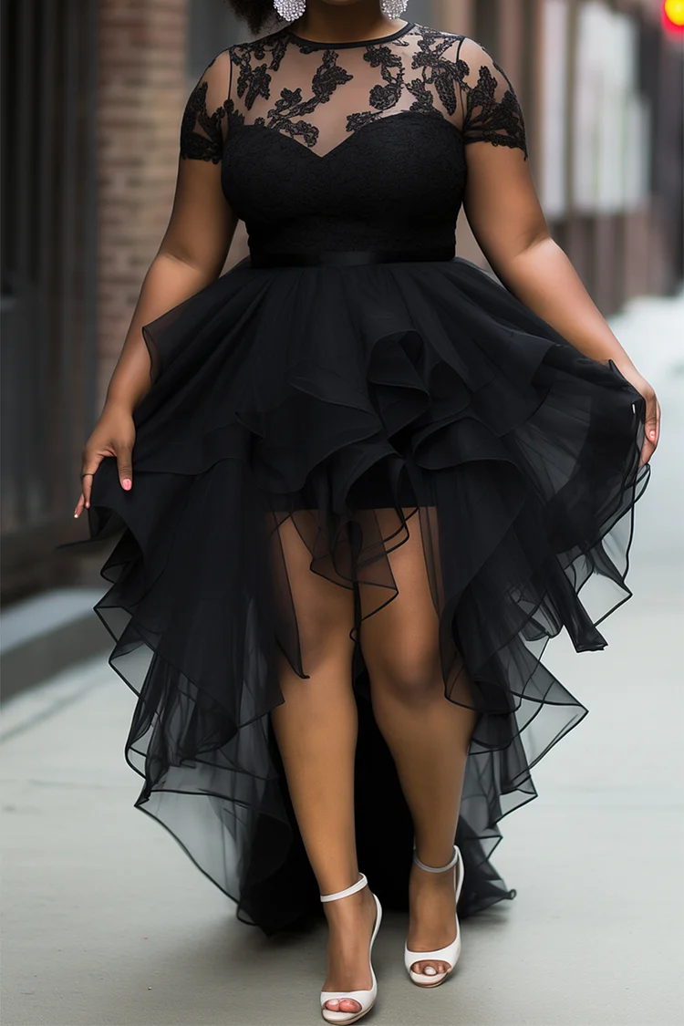Xpluswear Design Plus Size Cocktail Party Black Round Neck Short Sleeve Asymmetric Hem Ruffle Tulle Mini Dresses [Pre-Order]