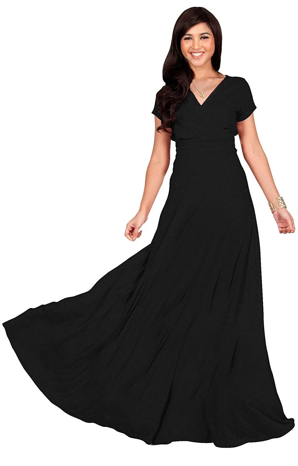 Womens Sexy Cap Short Sleeve V-Neck Flowy Cocktail Gown