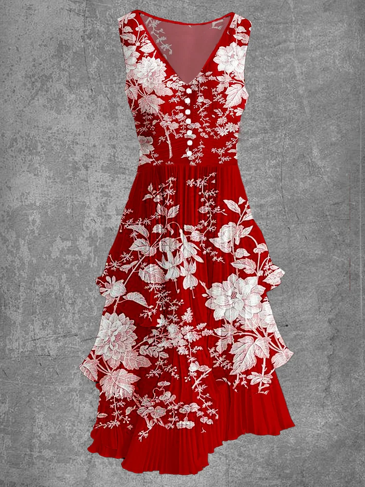 Retro Floral Art Print Sleeveless V-Neck Button Up Elegant Chic Flowing Midi Dress