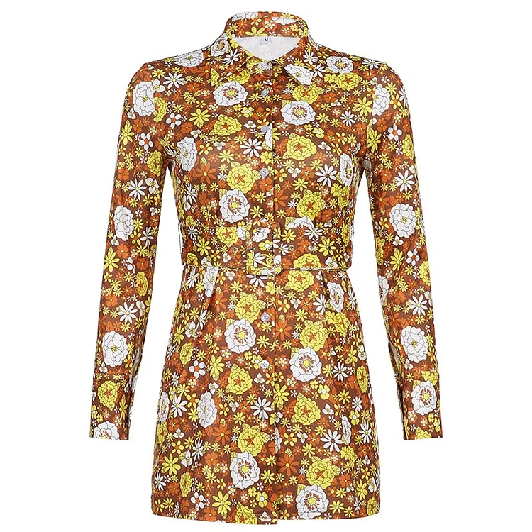 Rapcopter Floral Long Sleeve Mini Dress Turn Down Collar Shirt Dress Women Vintage Autumn Short Dress 2021 New Holiday Bodycon