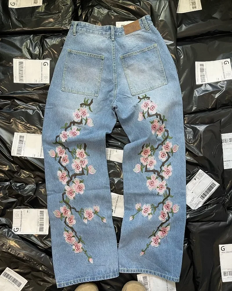 Aonga New Streetwear Jeans for Men Cherry Blossom Pattern Y2k Baggy Jeans Men Harajuku Punk Straight Casual Low Rise Denim Trousers aonga