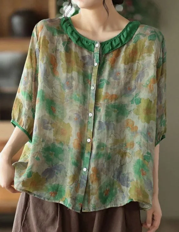 Simple Green O Neck Patchwork Print Linen Shirt Tops Half Sleeve